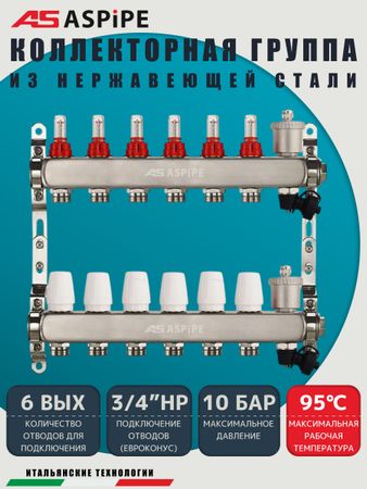 Коллекторная группа с расходомерами AS-K002,   6 вых. (н/ж, авт.возд.+дренаж+кронштейны)