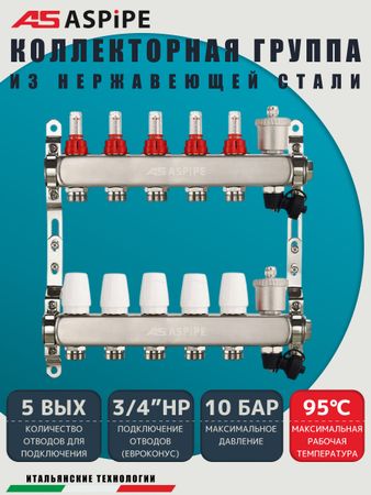 Коллекторная группа с расходомерами AS-K002,   5 вых. (н/ж, авт.возд.+дренаж+кронштейны)