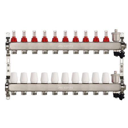 Коллекторная группа с расходомерами AS-K002,   13 вых. (н/ж, авт.возд.+дренаж+кронштейны)