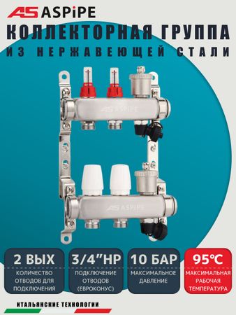 Коллекторная группа с расходомерами AS-K002,   2 вых. (н/ж, авт.возд.+дренаж+кронштейны)