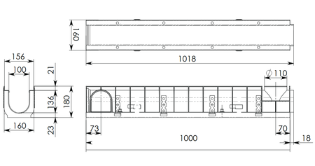 Лоток водоотводный MAX 100/180 в комплекте с чугунной решеткой, E600 (ДхШхВ-1000х160х180мм)