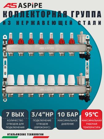 Коллекторная группа с расходомерами AS-K002,   7 вых. (н/ж, авт.возд.+дренаж+кронштейны)
