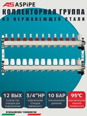 Коллекторная группа с расходомерами AS-K002,   12 вых. (н/ж, авт.возд.+дренаж+кронштейны)