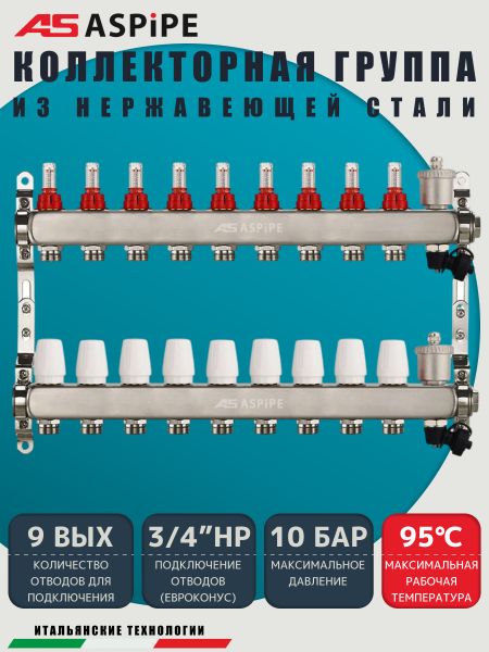 Коллекторная группа с расходомерами AS-K002,   9 вых. (н/ж, авт.возд.+дренаж+кронштейны)