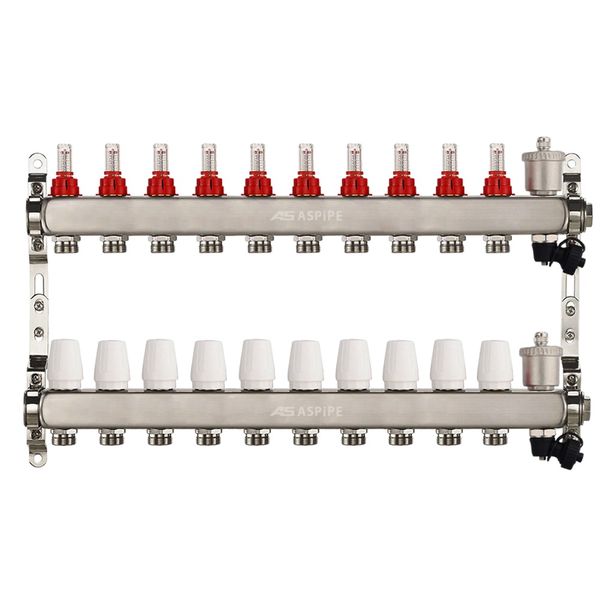 Коллекторная группа с расходомерами AS-K002,   13 вых. (н/ж, авт.возд.+дренаж+кронштейны)