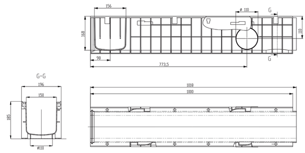 Лоток водоотводный Standart 19,6*18,5 DN150, пластиковый, нагрузка до 25т (ДхШхВ-1000х196х185мм)