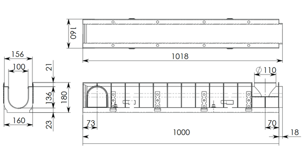 Лоток водоотводный MAX 100/180 в комплекте с чугунной решеткой, E600 (ДхШхВ-1000х160х180мм)