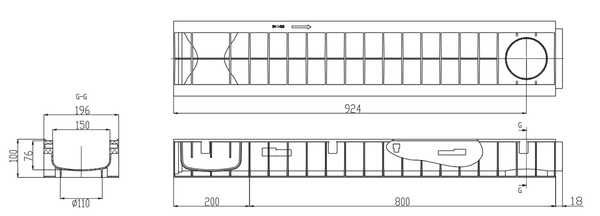 Лоток водоотводный Standart 19,6*10,0 DN150, пластиковый, нагрузка до 25т (ДхШхВ-1000х196х100мм)