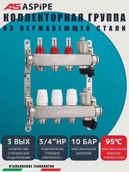 Коллекторная группа с расходомерами AS-K002,   3 вых. (н/ж, авт.возд.+дренаж+кронштейны)