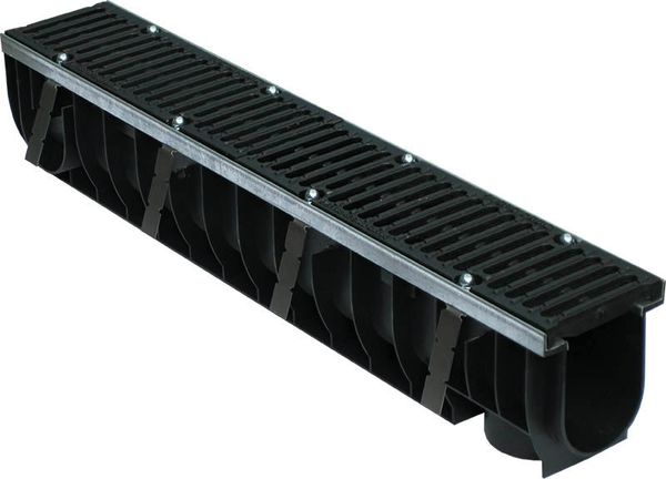 Лоток водоотводный MAX 100/180 в комплекте с чугунной решеткой, E600 (ДхШхВ-1000х160х180мм)