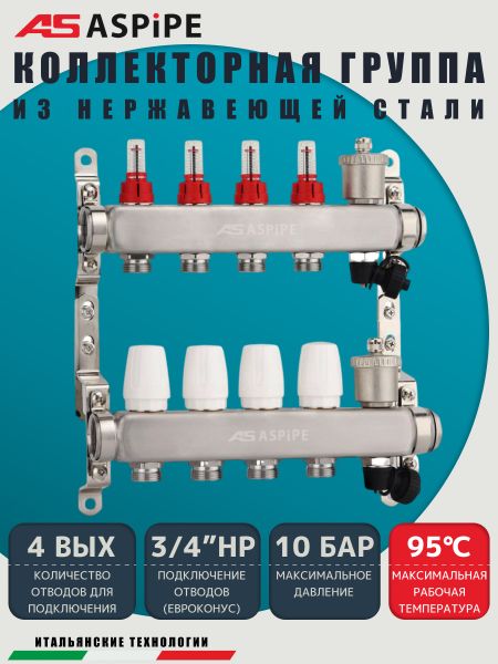 Коллекторная группа с расходомерами AS-K002,   4 вых. (н/ж, авт.возд.+дренаж+кронштейны)