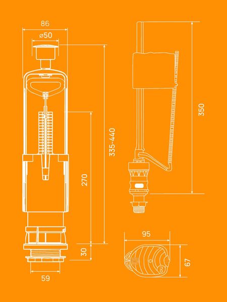Арматура к унитазу, нижняя подводка, 2 кнопки, пластик/хром РМС