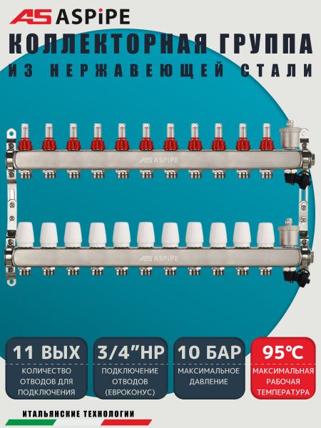 Коллекторная группа с расходомерами AS-K002,   11 вых. (н/ж, авт.возд.+дренаж+кронштейны)