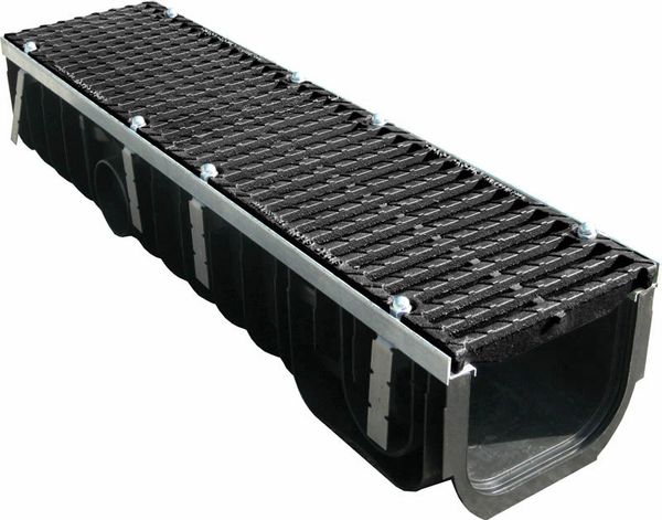 Лоток водоотводный MAX 200/250 в комплекте с чугунной решеткой, E600 (ДхШхВ-1000х260х250мм)