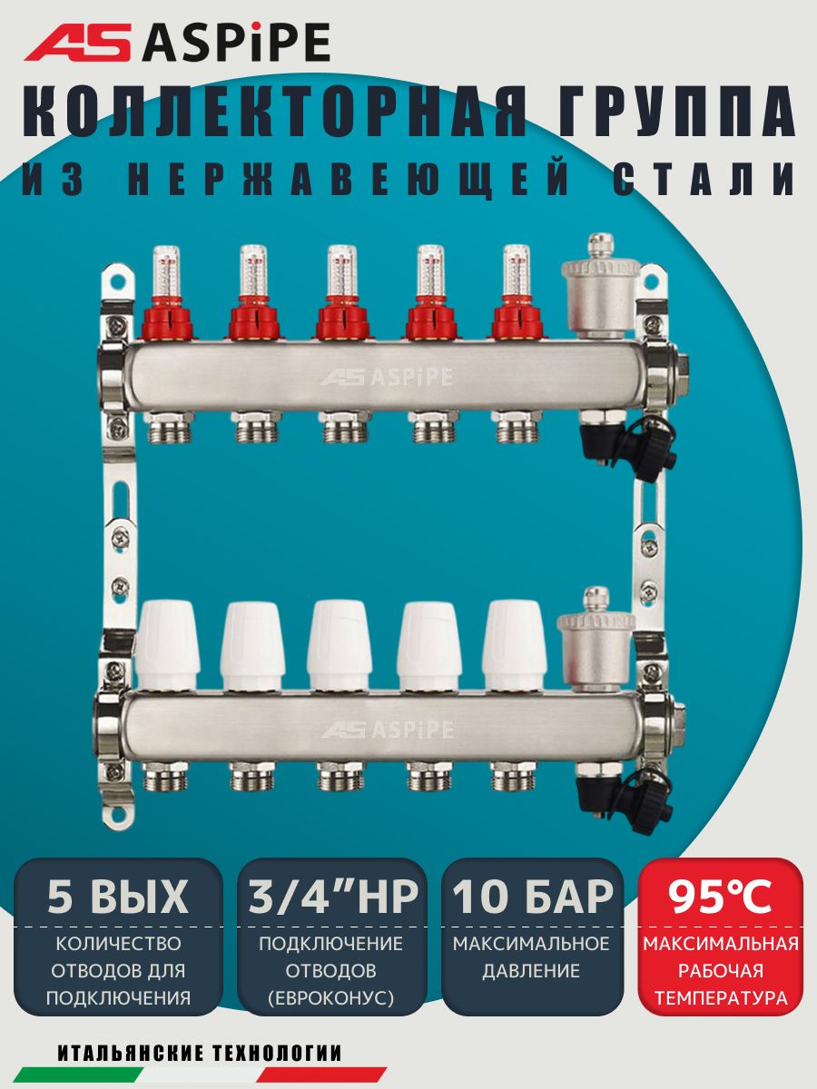 Коллекторная группа с расходомерами AS-K002,   5 вых. (н/ж, авт.возд.+дренаж+кронштейны)
