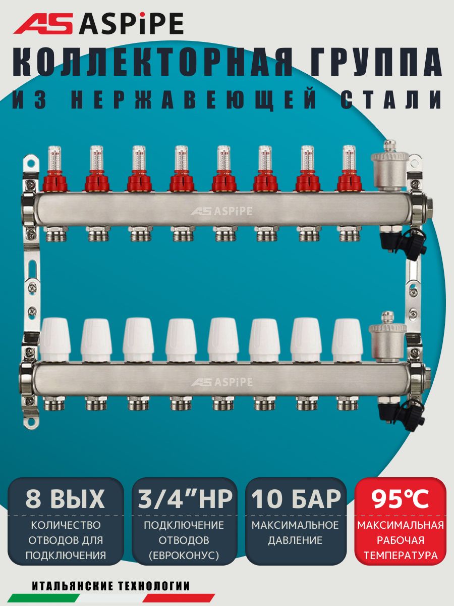 Коллекторная группа с расходомерами AS-K002,   8 вых. (н/ж, авт.возд.+дренаж+кронштейны)