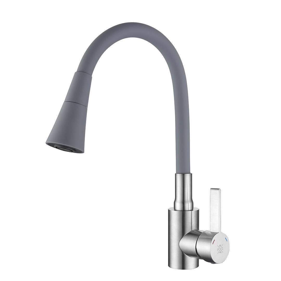 Смеситель РМС для кухни одноручный гайка, нерж+серый, нерж.сталь, SUS123GY-016F