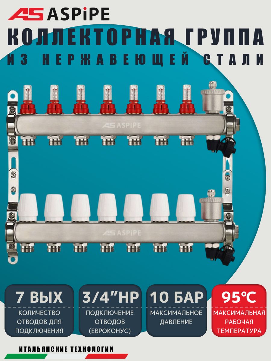 Коллекторная группа с расходомерами AS-K002,   7 вых. (н/ж, авт.возд.+дренаж+кронштейны)
