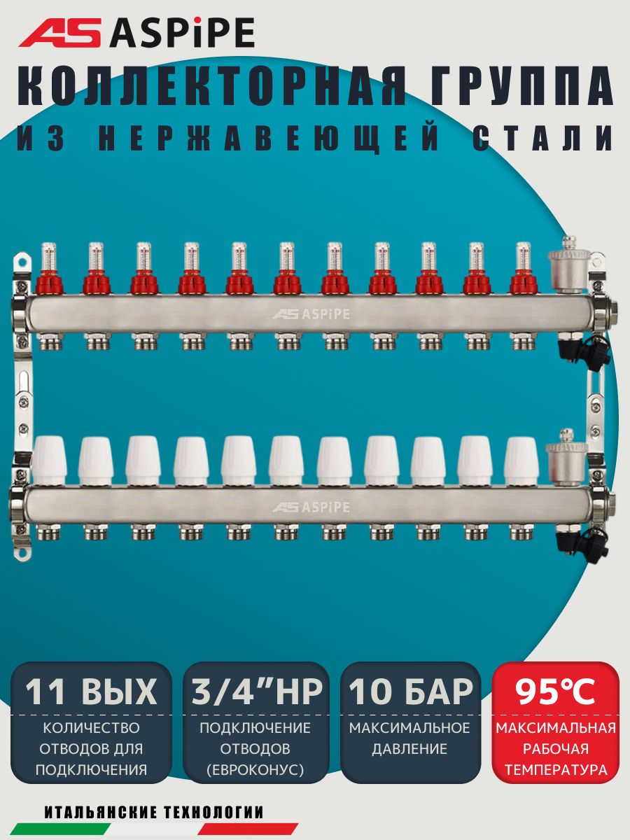 Коллекторная группа с расходомерами AS-K002,   11 вых. (н/ж, авт.возд.+дренаж+кронштейны)