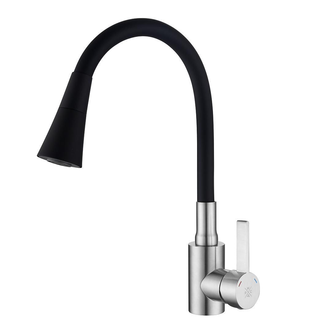 Смеситель РМС для кухни одноручный гайка, нерж+черный, нерж.сталь, SUS123BL-016F