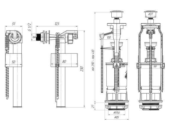 Арматура к унитазу, боковая подводка, 1 кнопка, пластик/хром