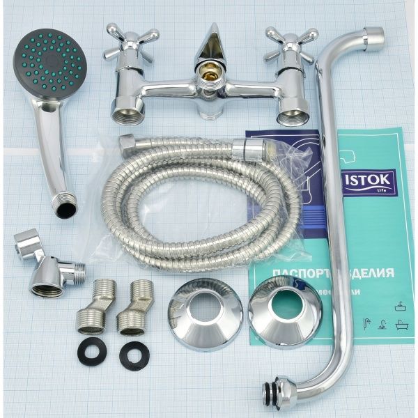 Смеситель  для ванны "Istok life" двуручный, длинный S излив, настенное крепление, кер. кран букса
