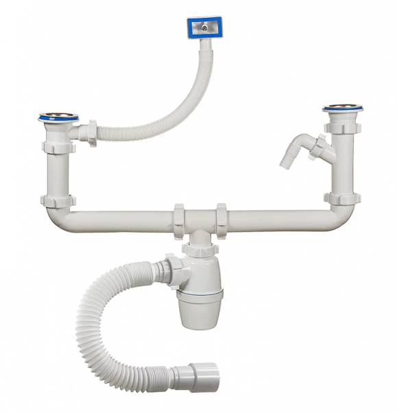 Сифон двойной бутыл., нерж. сетка (70) 1 1/2х40 с отвод для с/маш., перел. КВАДР., г/т 40/50 (650мм)