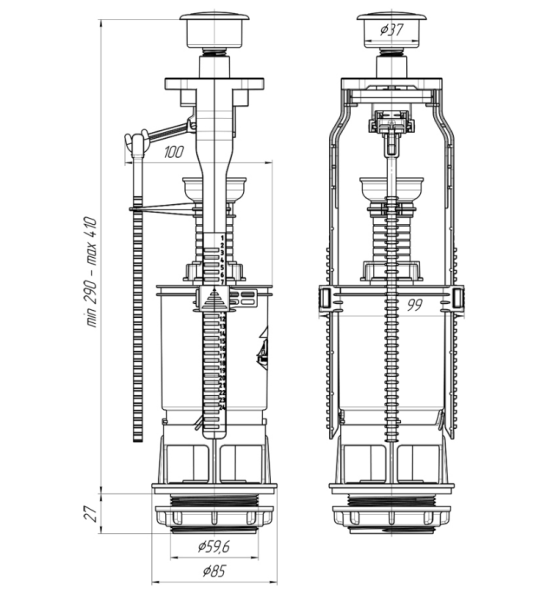 Узел выпуска бачка унитаза, 1 кнопка, пластик/хром