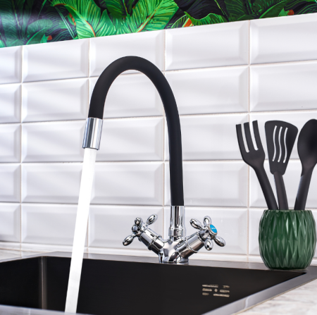 Смеситель BOOU для кухни двуручный, высокий излив BA5318-1F-E352A-В702