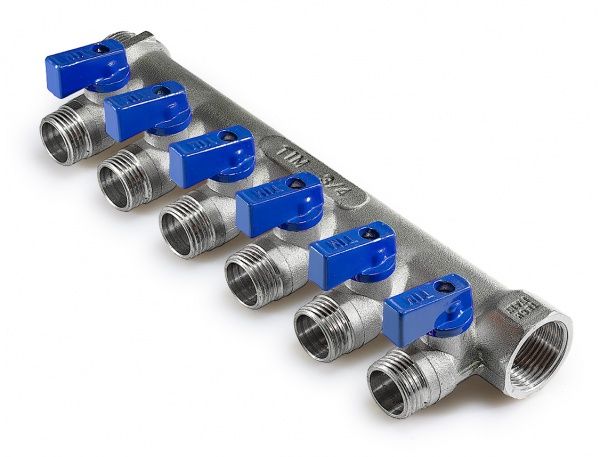 Коллектор ВР 3/4" - 6х1/2" НР никелированный (с кранами)