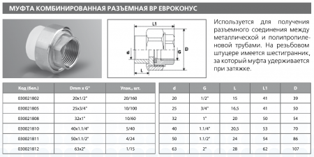 Муфта PPRC комбинированная разъемная (американка) ВР 20х1/2 (бел.) Tebo (20/160)