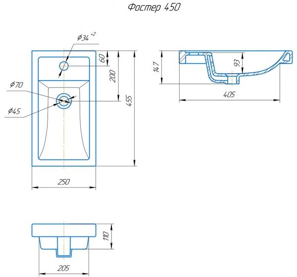 Умывальник мебельный "Фостер-450" с переливом, без комплекта, 1 отверстие, белый