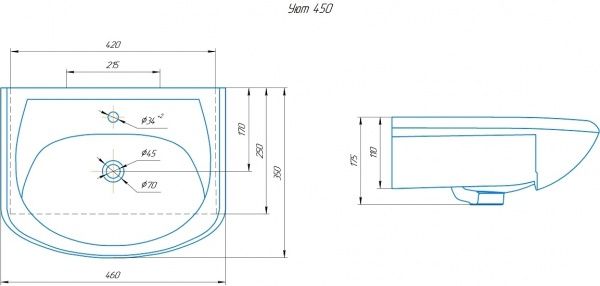 Умывальник мебельный "Уют 450" с переливом, без комплекта, 1 отверстие, белый
