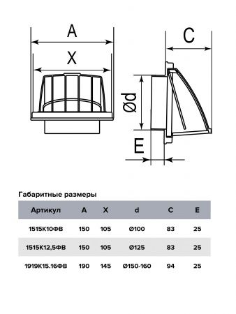 Выход стенной пластиковый D-150/160, 190х190мм, с клапанном (серый)