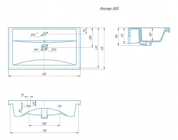 Умывальник мебельный "Фостер-800" с переливом, без комплекта, 1 отверстие, белый