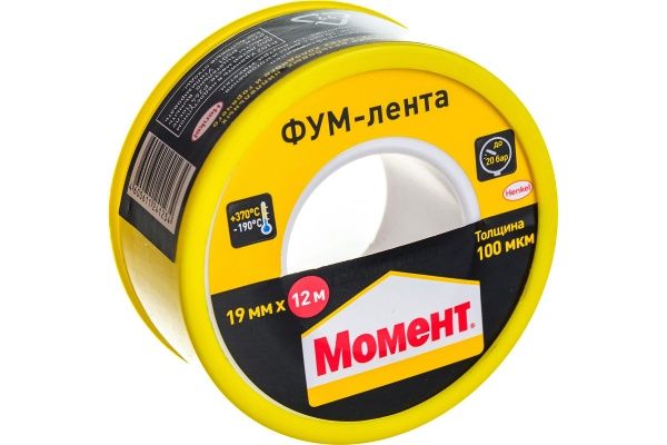 Лента ФУМ МОМЕНТ, L-12м, ширина 19 мм  тефлоновая, вода