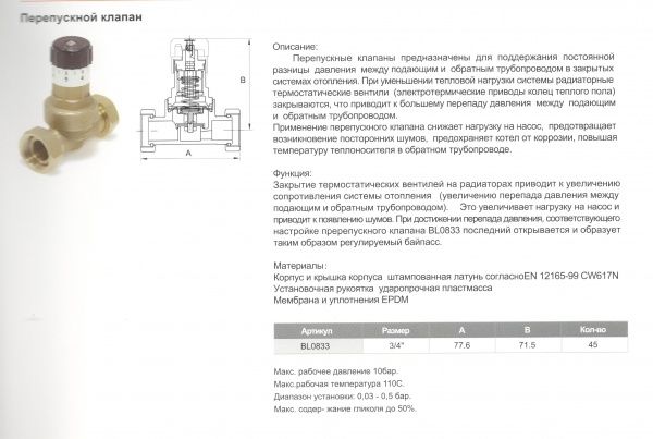 Регулятор давления TIM 3/4" "до себя" (перепускной, байпасный клапан)
