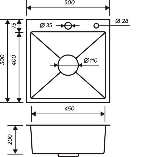 Набор 3 в 1 (Мойка врезная+корзина+дозатор), РМС, MR-5050BL,500х500х200 мм,  графит