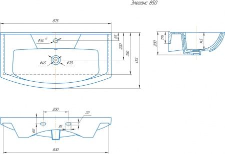 Умывальник мебельный "Элеганс 850" с переливом, без комплекта, 1 отверстие, белый