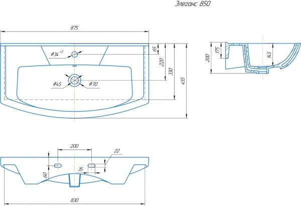 Умывальник мебельный "Элеганс 850" с переливом, без комплекта, 1 отверстие, белый