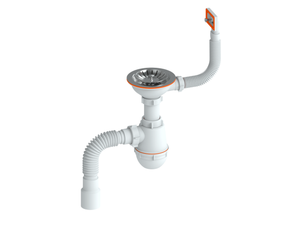 Сифон бутылочный, нерж. сетка 3 1/2х40 перелив КВАДРАТ, гибкая труба 40/50 (400мм), пластиковый шток