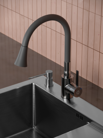 Смеситель РМС для кухни одноручный гайка, нерж+серый, нерж.сталь, SUS123GY-016F