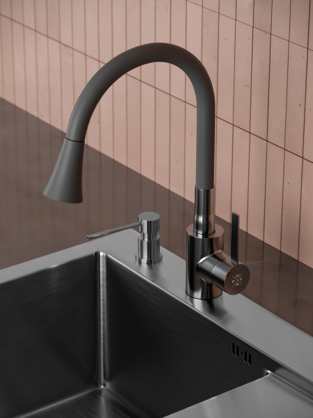 Смеситель РМС для кухни одноручный гайка, нерж+серый, нерж.сталь, SUS123GY-016F