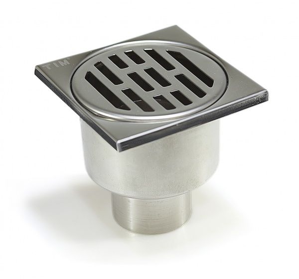 Трап из нежарвеющей стали квадратный 10х10см с вертикальным (прямым) выпуском Ф50 мм TIM