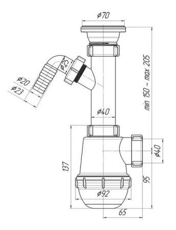 Сифон бутылочный, нерж. сетка (70мм) 1 1/2"х40 с отводрм для стиральной машины (без трубы)