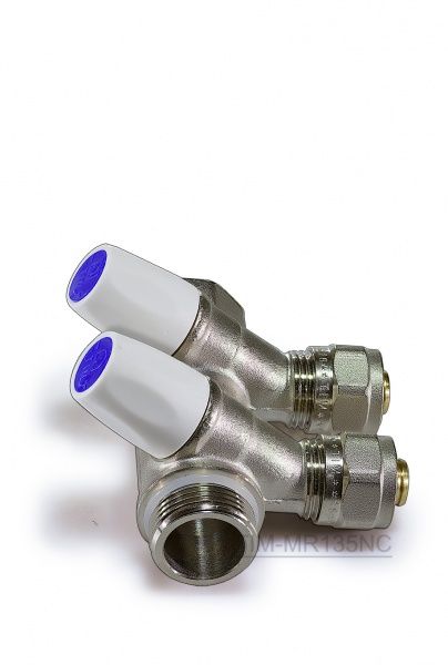 Коллектор вентильный регулирующий под 45", ВР 3/4" - 2х16 с цангами ф16, красные/синие