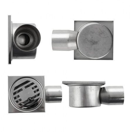 Трап из нежарвеющей стали квадратный 10х10см с горизонтальным (угловым) выпуском Ф50 мм САНАКС