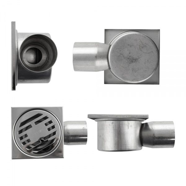 Трап из нежарвеющей стали квадратный 10х10см с горизонтальным (угловым) выпуском Ф50 мм САНАКС