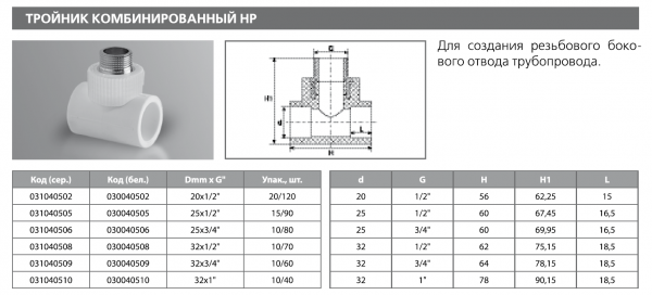 Тройник PPRC комбинированный НР 32х3/4"х32   (сер.) Tebo (10/60)