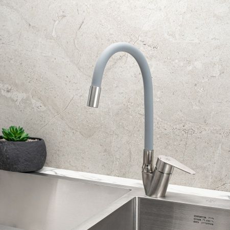 Смеситель РМС для кухни одноручныйгайка,  нерж+серый, нерж.сталь, SUS126GY-016F